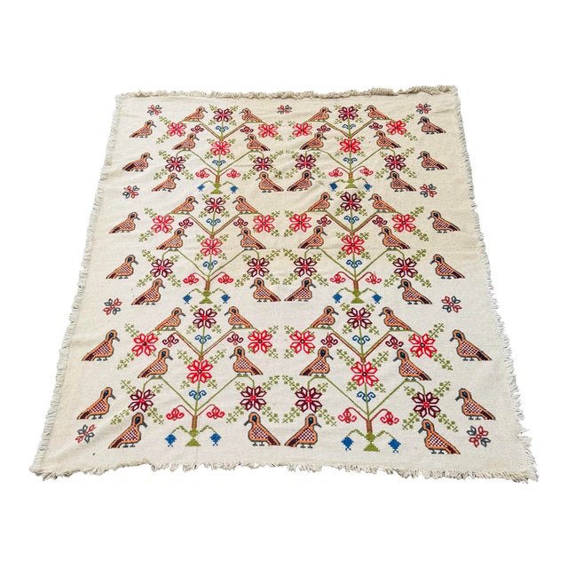 Vintage Hand-Embroidered Folk Textile or Thin Rug – Large Eastern European Tapestry With Birds & Floral Motifs (79” X 104”) For Sale