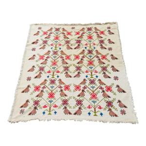 Vintage Hand-Embroidered Folk Textile or Thin Rug – Large Eastern European Tapestry With Birds & Floral Motifs (79” X 104”)