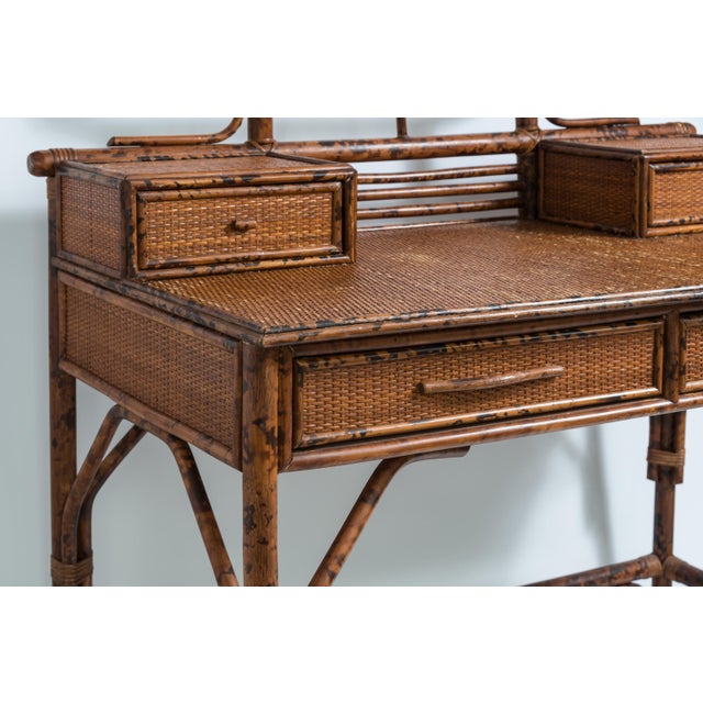 1960s Pagoda Writing Desk British Colonial Style Rattan & Grasscloth For Sale - Image 5 of 10