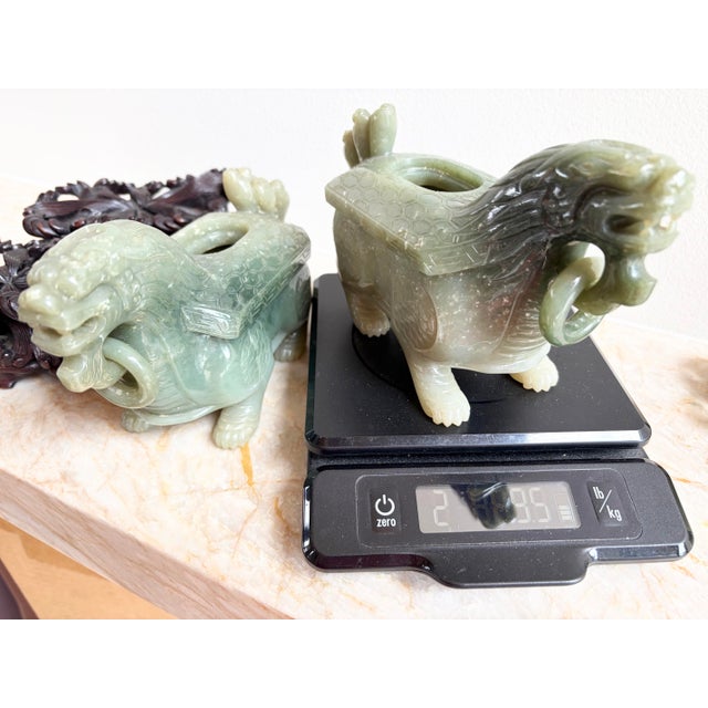 2 Antique Chinese Dragon Celadon Jade Vessels Custom Stands Qing Republic Era For Sale - Image 11 of 12