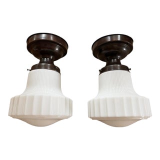 1920s Deco Milkglass Ribbed Flushmount Ceiling Lights - a Pair For Sale