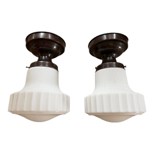 1920s Deco Milkglass Ribbed Flushmount Ceiling Lights - a Pair