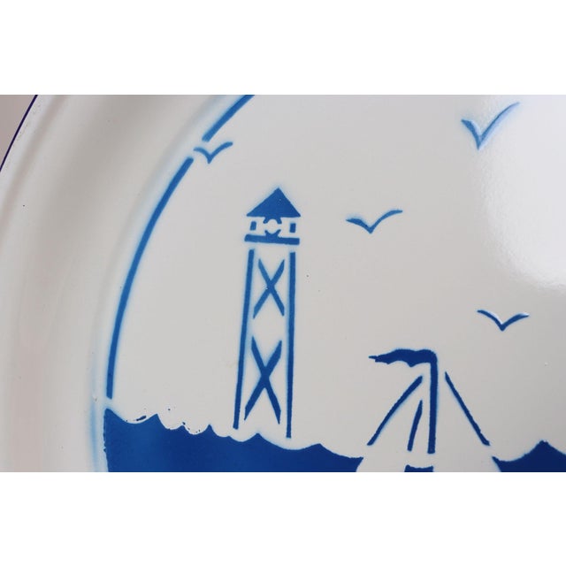 Large Vintage Blue and White Enamelware Platter / Tray With Sailboat and Lighthouse Motif For Sale - Image 10 of 11