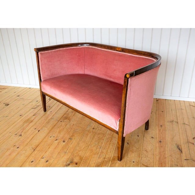 Antique Art Nouveau Edwardian Mahogany Barrel Back 2-Seater Settee Sofa, 1910s For Sale - Image 15 of 18