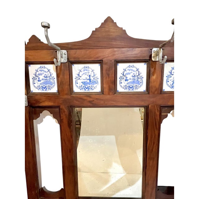 Delft Antique English Walnut Mirrored Coat Hat Rack With Dutch Delft Blue and White Ceramic Tiles For Sale - Image 4 of 18