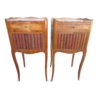 Pair of French Marble Top Faux Book Nightstands For Sale