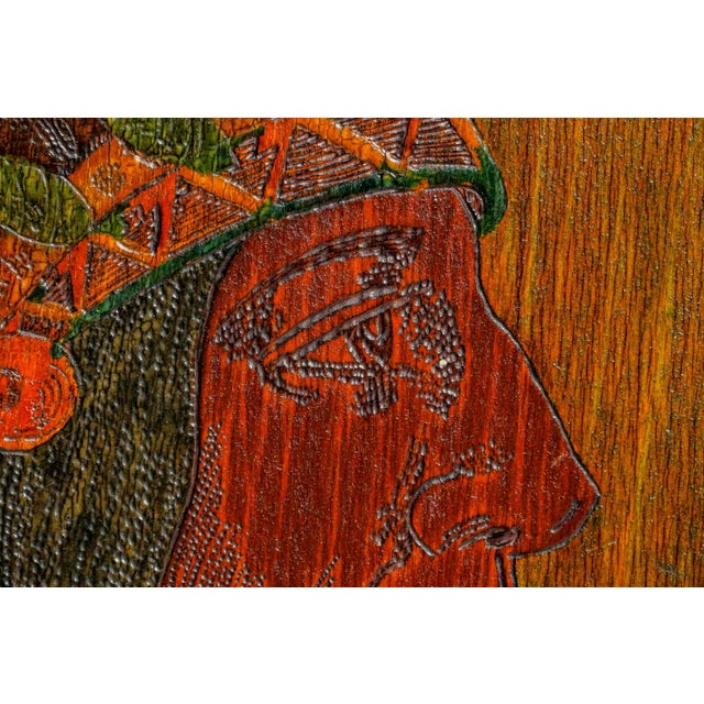 1900s Native American Indian Chief Pyrography Plaque Antique Hand Painted Folk Art Wood Wall Hanging Home Decor For Sale In New York - Image 6 of 13
