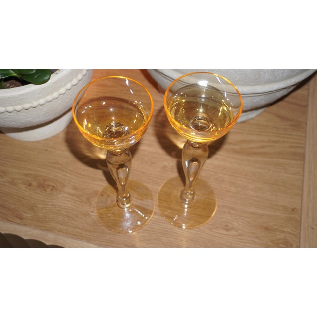 Mid-Century Modern A Pair Amber Glass Stemmed Coupe Glasses. For Sale - Image 3 of 5