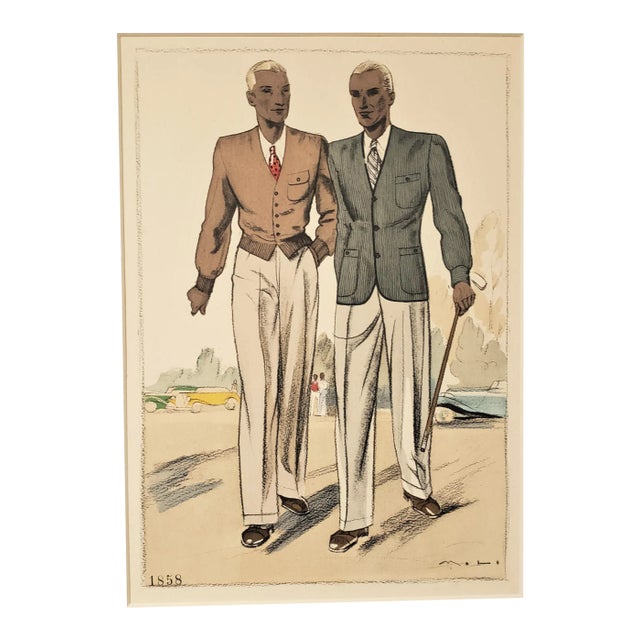 1934 French Men's Tailoring Lithograph for Golf Enthusiast-Home or Office Decor, Matted For Sale