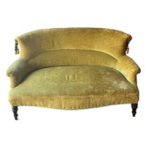 Antique Mustard Velvet Curved Sofa with Decorative Tassels For Sale