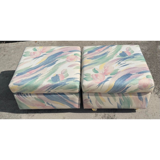 Postmodern Vintage Postmodern Upholstered Cube Ottomans on Brass Casters, a Pair For Sale - Image 3 of 12