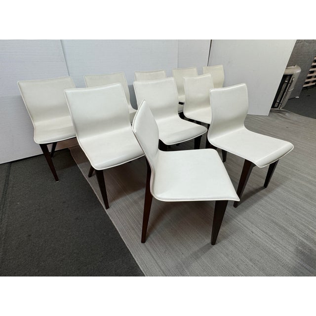 X-Back White Leather and Dark Walnut Wood Dining Side Chairs, Set of Ten For Sale - Image 4 of 12