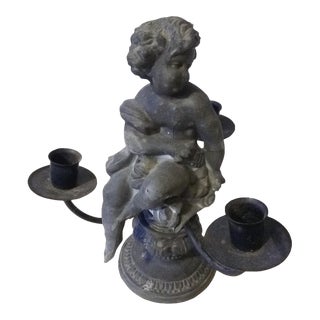 Vintage 1970s Metal Cast Putti Tri-Candle Holder For Sale