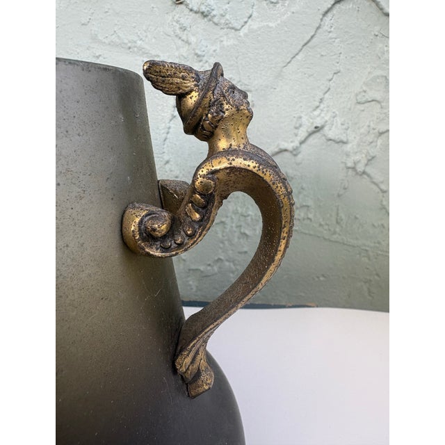 Black Egyptian Revival Style Winged Lyre Metal Cachepot or Jardinière Cover With Figural Handles, C. 1920s For Sale - Image 8 of 12