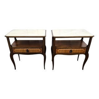 Mid-Century Modern Italian Wood Bedside Tables with Marble Tops, 1950s, Set of 2 For Sale