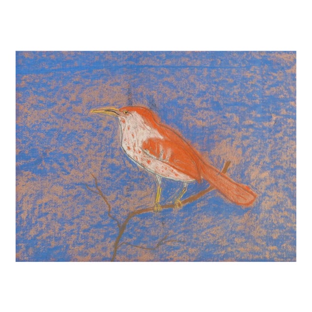 Vintage Folk Art Bird Pastel Drawing For Sale