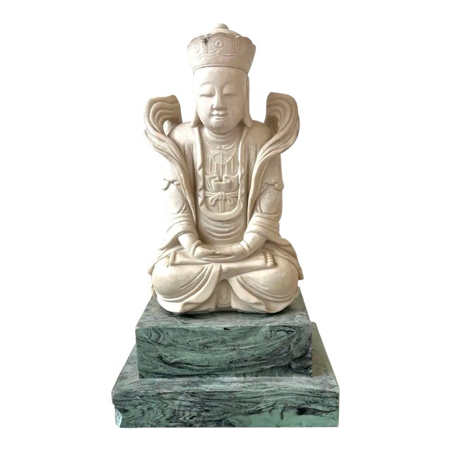 Metropolitan Museum Vintage Replica Seated Buddha on Green Marbled Stand For Sale