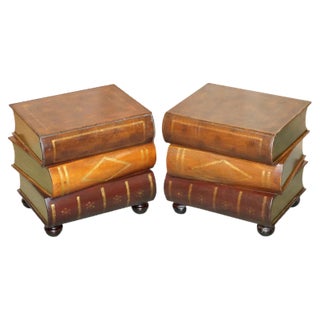 Leather Bound Side Tables with Drawers, Set of 2 For Sale