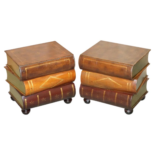 Leather Bound Side Tables with Drawers, Set of 2 For Sale
