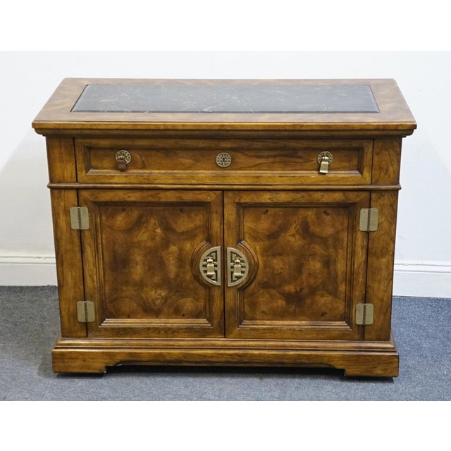 Chinoiserie Bernhardt / Hibriten Burled Walnut Asian Chinoiserie Style 42" Server W. Granite Top For Sale - Image 3 of 14