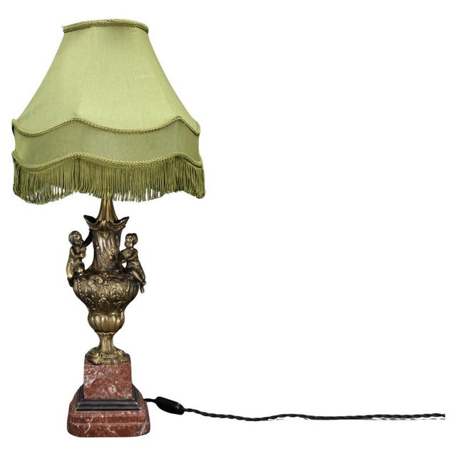 Brass and Marble Table Lamp with Fabric Shade, 1940s For Sale - Image 16 of 16