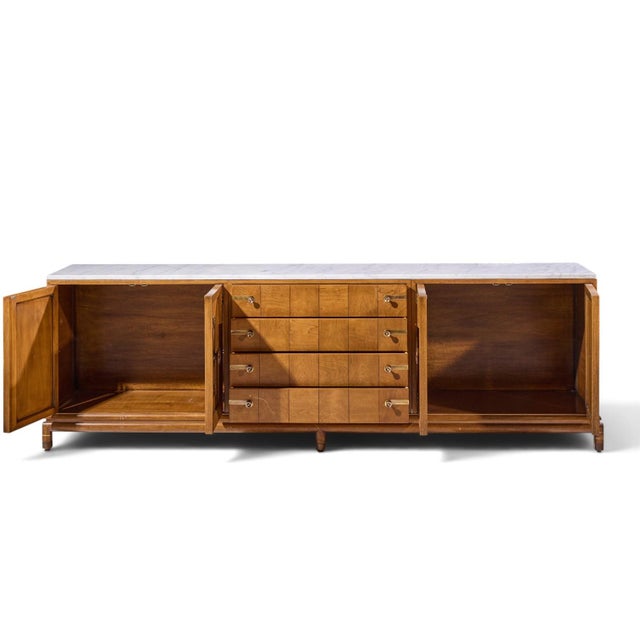 Renzo Rutili for Johnson Furniture Mid Century Walnut, Brass and Marble Credenza For Sale In Chicago - Image 6 of 10