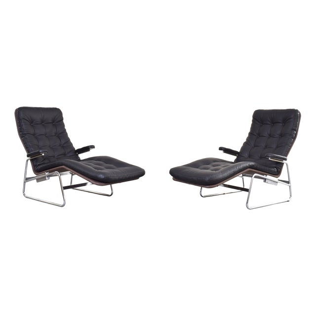 Bauhaus Model Fenix Chaise Lounge in Leather and Chrome by Sam Larsson for Dux, 1960s, Set of 2 For Sale