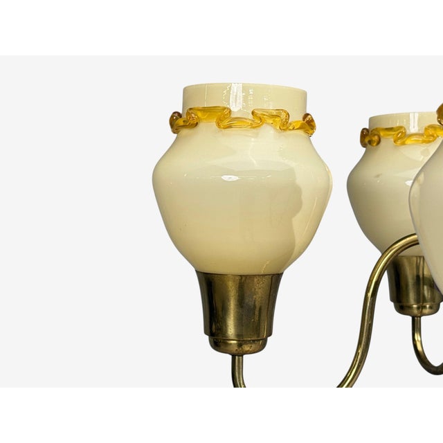 Yellow 1950s Swedish Modern, Chandelier, Brass, Wood, Yellow Glass For Sale - Image 8 of 11
