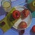 Tomato Feast presents a vibrant still life, featuring a plate adorned with ripe tomatoes, complemented by a glass of light...