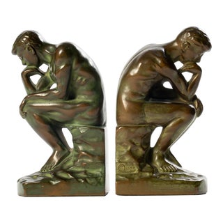 Antique Patinated Bronze Finish Cast Metal Rodin's the Thinker Sculpture Bookends by G. H. Inc Nyc 1928 For Sale