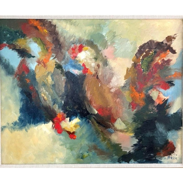 A very nice abstract oil painting on canvas in gold wood frame. Signed lower right; gallery tag on rear.
