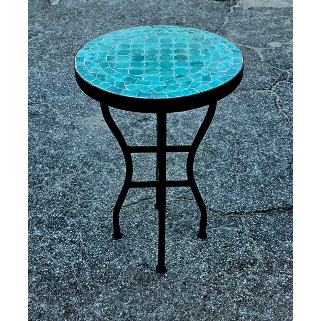 Metal 16" Mini Moroccan Mosaic Accent Table – Emerald Aqua Tile Top For Sale - Image 7 of 9