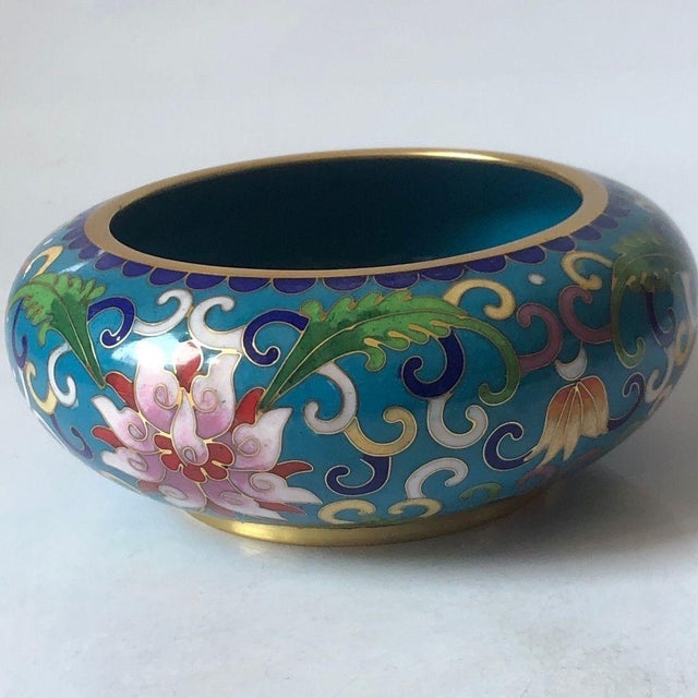 Turquoise Vintage Cloisonné Enamel Lotus Bowl / Scholar's Brush Washer With Gilt Rim For Sale - Image 8 of 9