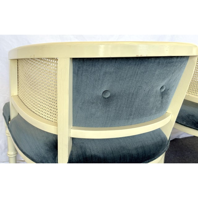 1960's Faux Bamboo and Cane Barrel Lounge Chairs With Blue Velvet Upholstery- A Pair For Sale - Image 12 of 18