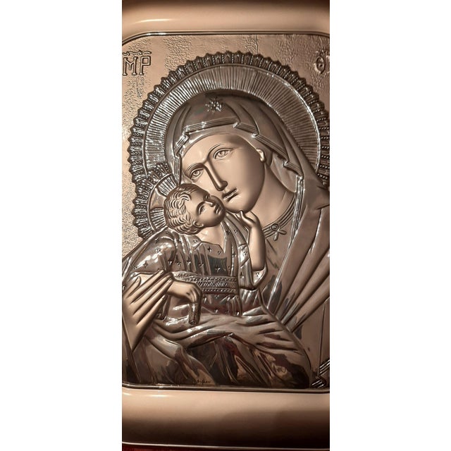 Metal Silver Bas-Relief Icon on Precious Wood, 1920s-1940s For Sale - Image 7 of 8