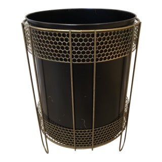 Vintage Mid-Century Pierced Metal Black and Gold Waste Basket For Sale