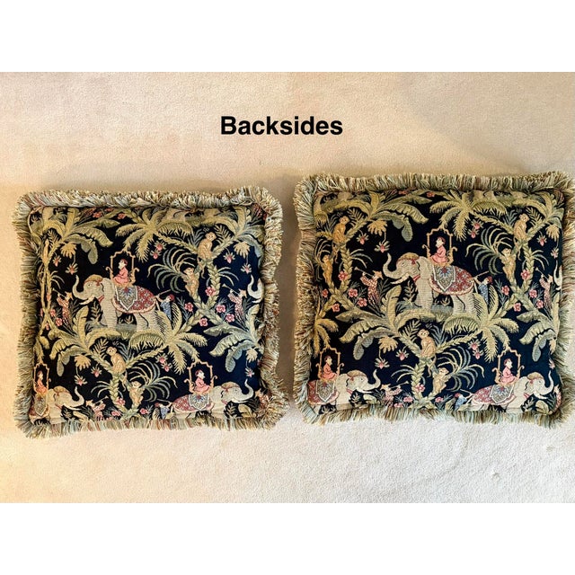 Vintage Chinoiserie Tapestry Throw Pillows With Elephants and Monkeys - A Pair For Sale - Image 10 of 13