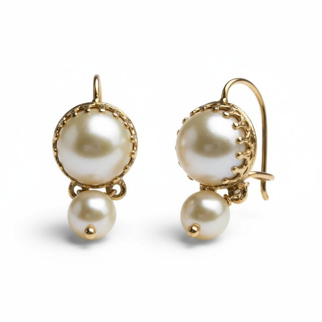 1990s 14kt Yellow Gold Double Drop Pearl Dangle Hoop Earrings, A Pair For Sale - Image 9 of 10