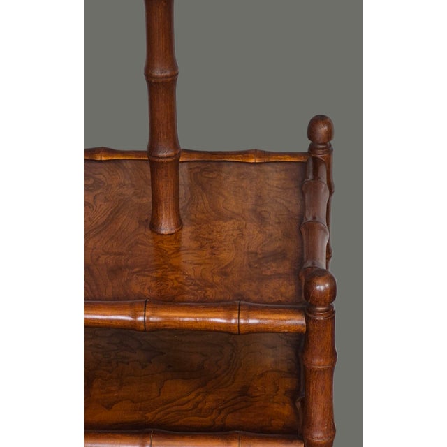 Late 20th Century Faux Bamboo Fruitwood Burlwood Canterbury Style End Table Floor Lamp W/Shade For Sale - Image 4 of 11