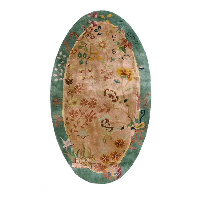 1920s Rose Floral Antique Chinese Art Deco Oval Carpet 4' X 6'10" Knotted Wool Rug For Sale