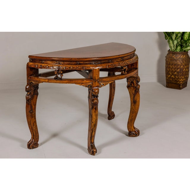 19th Century Wooden Demilune Table with Carved Mythical Creatures For Sale - Image 12 of 12