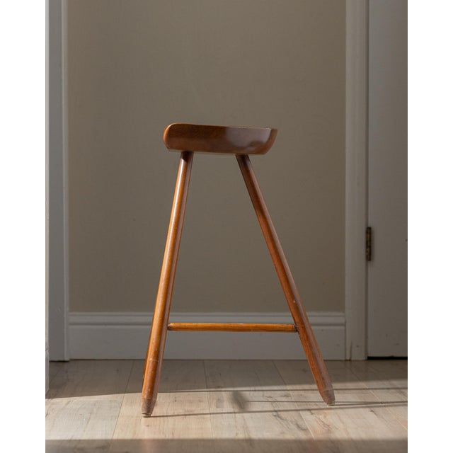 Vintage Scandinavian Modern Sculptural Beech Tripod Stool For Sale - Image 4 of 17
