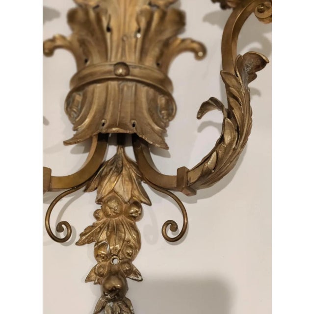 Metal Mid 20th Century Ornate Italian Double Arm Acanthus Leaf Wall Sconces- A Pair For Sale - Image 7 of 13
