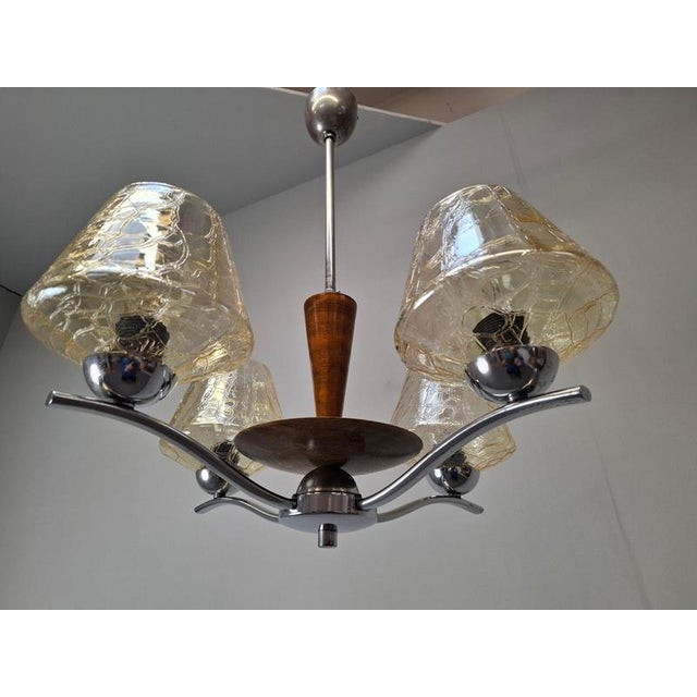 Mid-Century Modern Czech Glass, Wood and Chrome 4-Armed Chandelier from Napako, 1960s For Sale - Image 6 of 18