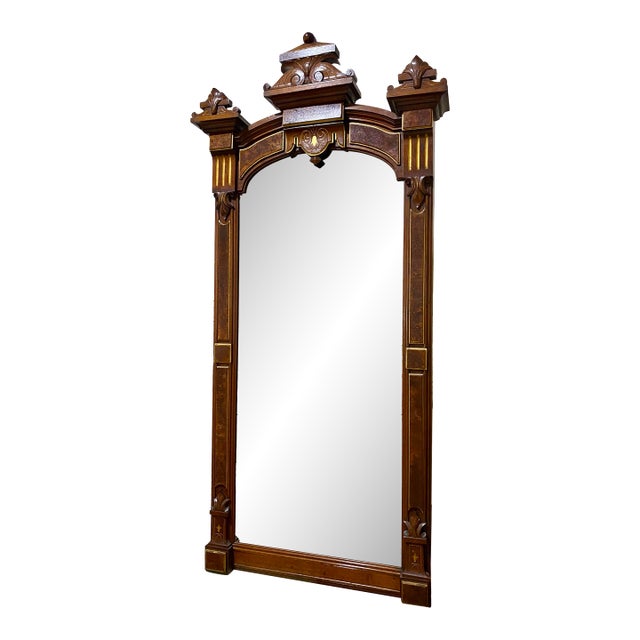 Antique 59" Eastlake Victorian Carved Walnut Pier Mirror For Sale