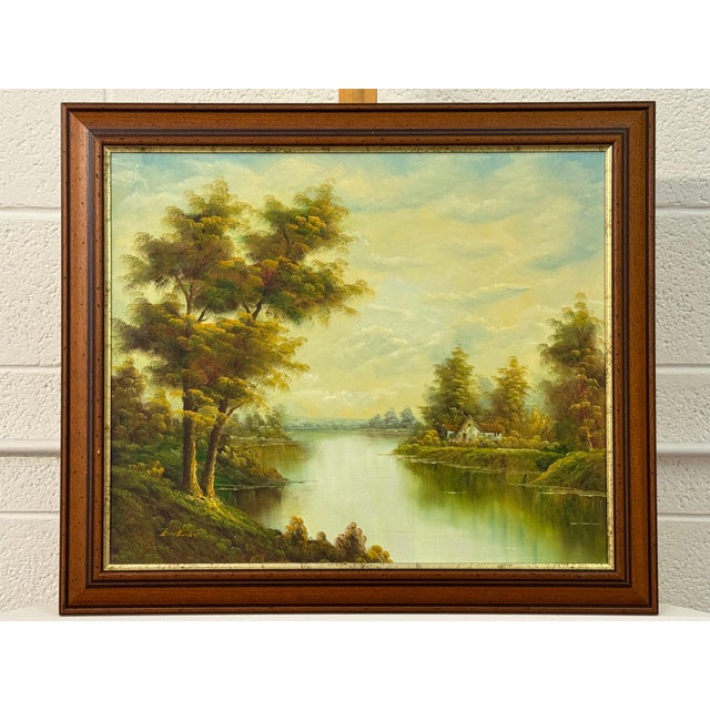 Golden haze settles on calm waters, holding a cottage in quiet reverie 1975 Circa For Sale - Image 12 of 18