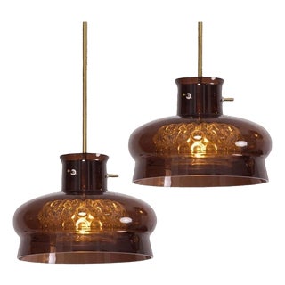 Brown and Bubble Glass Pendant Lights attributed to Carl Fagerlund for Orrefors, 1960s, Set of 2 For Sale