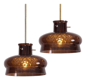 Brown and Bubble Glass Pendant Lights attributed to Carl Fagerlund for Orrefors, 1960s, Set of 2