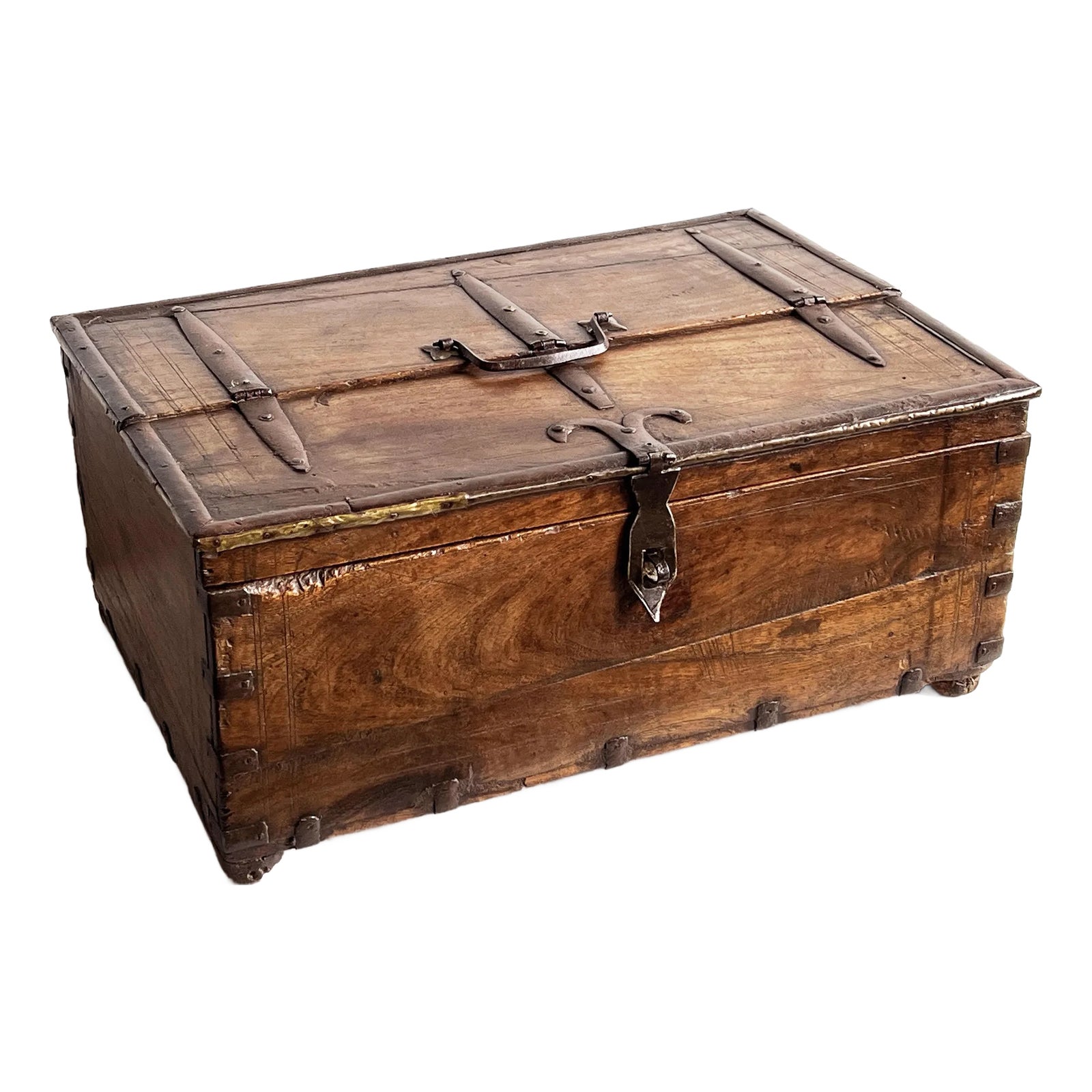 Antique 18th C. Indian Teak 18" Dowry Chest / Box With Iron Strapping and Brass Detailing