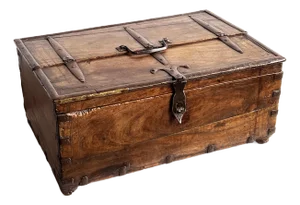 Antique 18th C. Indian Teak 18" Dowry Chest / Box With Iron Strapping and Brass Detailing